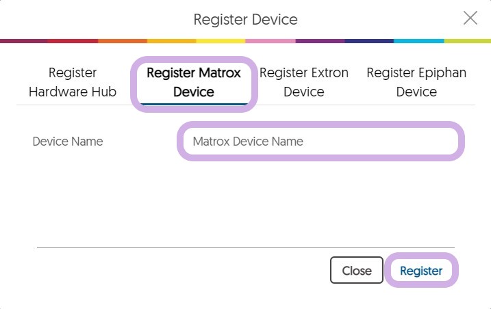 The Register Device dialog is open. Register Matrox Device, Matrox Device Name, and the Register button are highlighted.