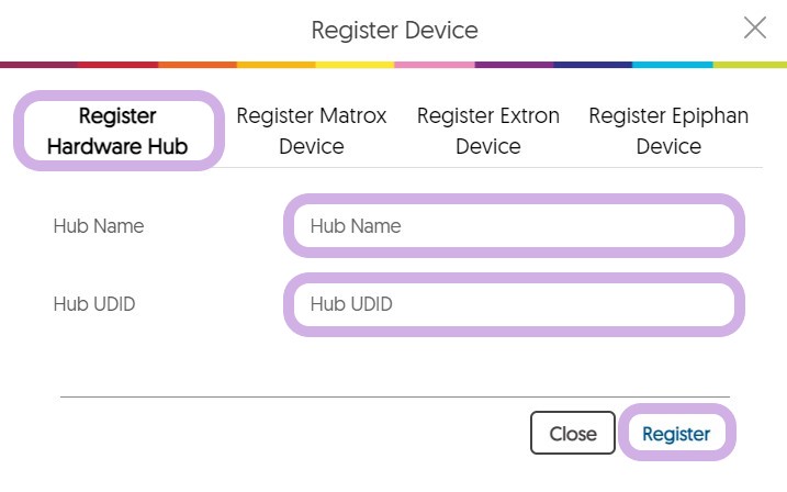 The Register Device dialog is open and Register Hardware Hub, Hub Name, and Hub UDID are highlighted along with the Register button.