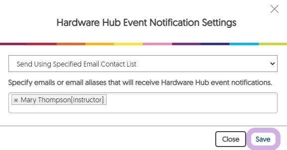 The Hardware Hub Event Notification Settings dialog with a contact name entered and the Save button highlighted.