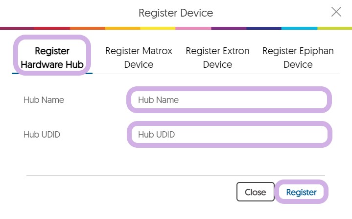 The register device panel is shown. Four tabs are located at the top with REgister Hardware HUb being selected. HUb name and Hub UDID is entered and register device is selected.