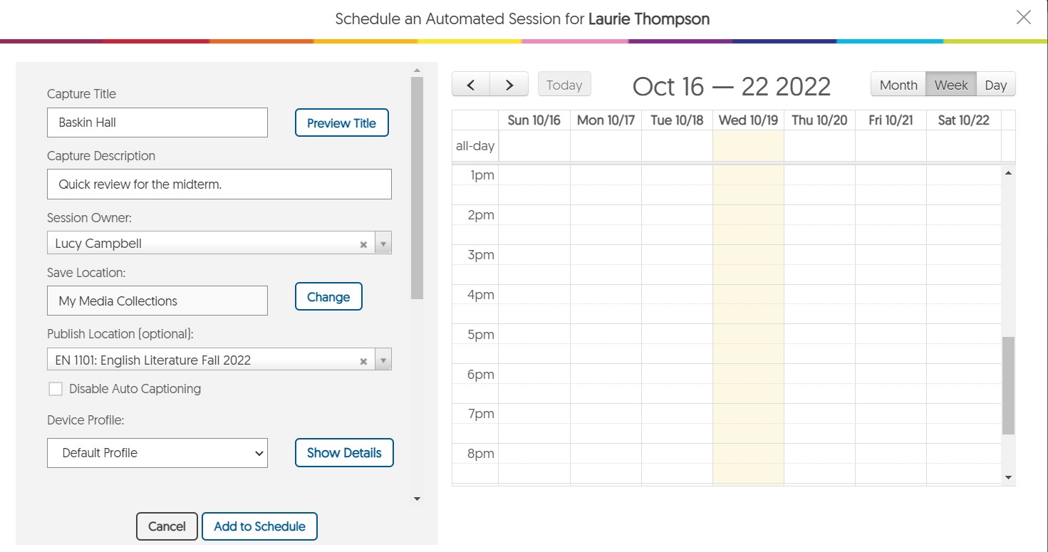 The Schedule Session window.