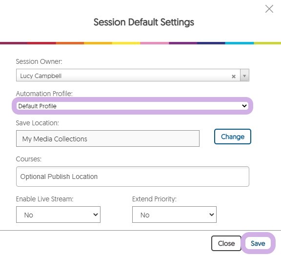 Session Default Settings dialog open, and under Automation Profile, Default Profile is highlighted, along with the Save button.