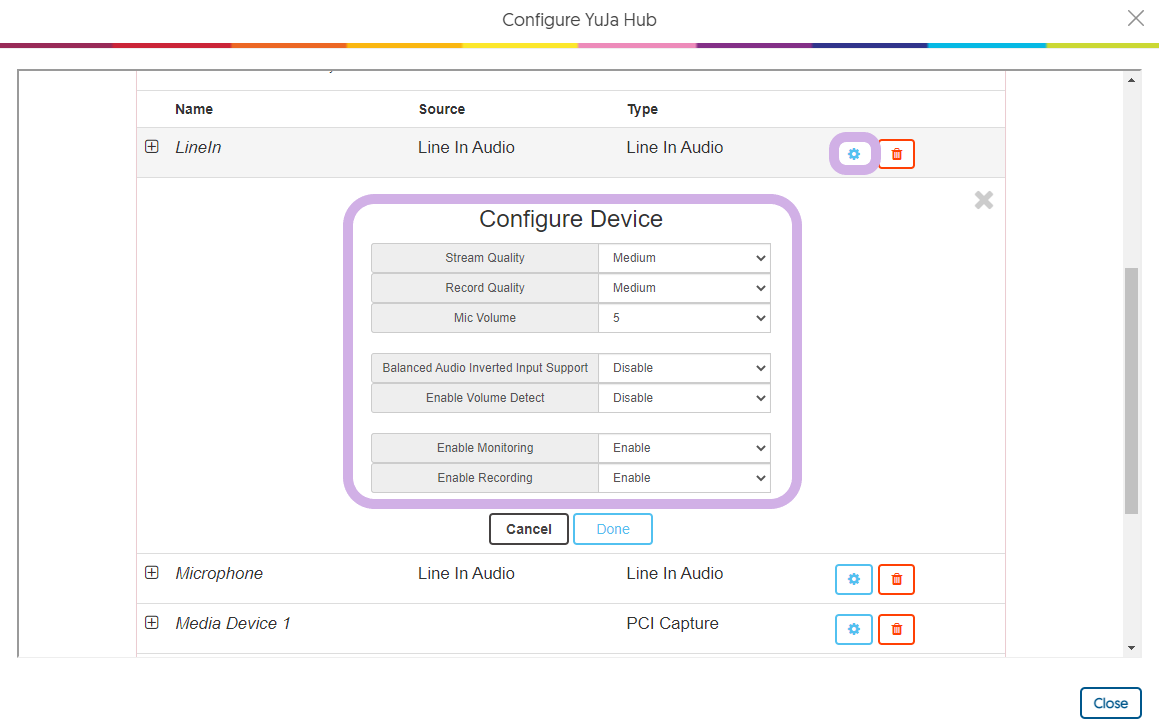 The Configure Yuja Hub panel is shown. The settings Icon is selected for a device and several settings can be adjusted: Stream Quality, Record Quality, Mic Volume, Balanced Audio Inverted Input Support, Enable Volume Detect, Enable Monitoring, Enable Recording.