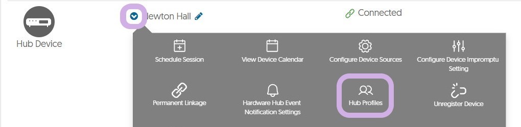 The Device Settings dropdown menu and the Hub Profile buttons are highlighted.