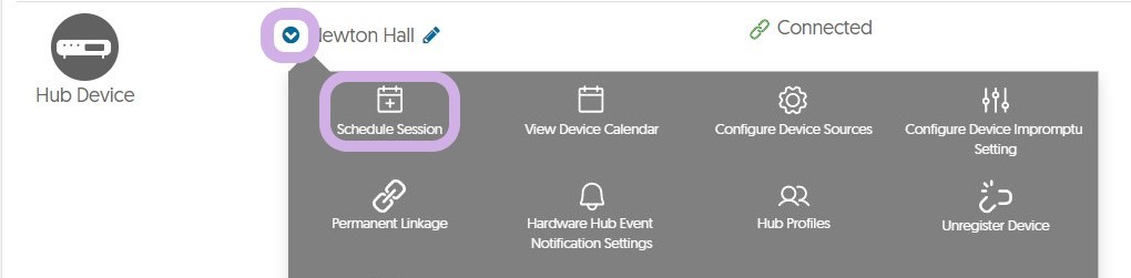 The Device Settings drop-down menu and Schedule Session button are highlighted.
