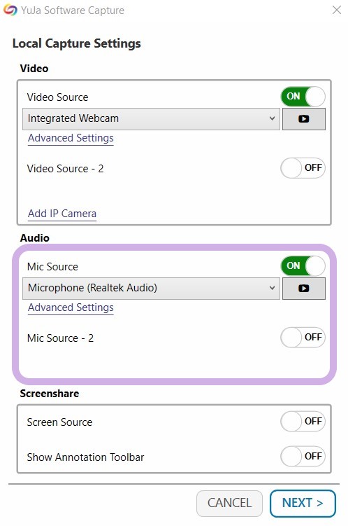 Local Capture Settings showing Audio source being selected