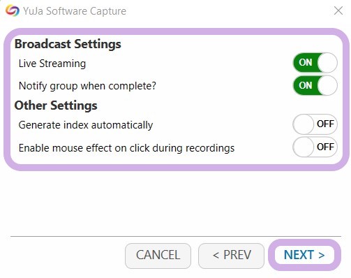 Local Capture Settings menu showing the Next button selected.