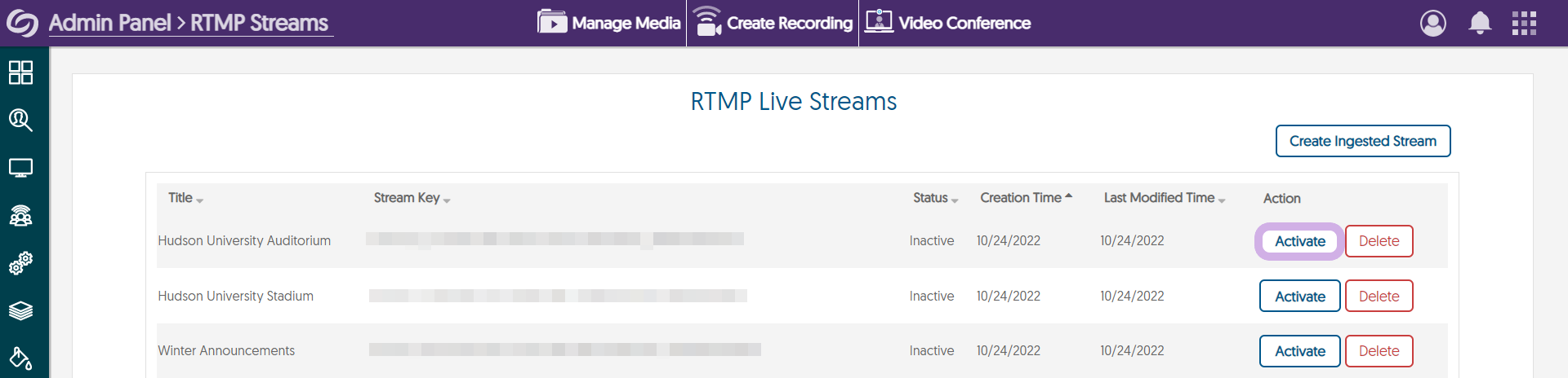 RTMP Live Streams shown with the Active button highlighted.