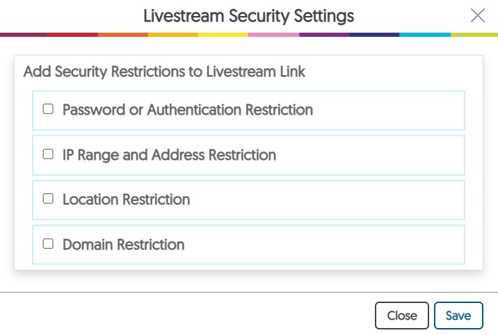 live stream security settings window.