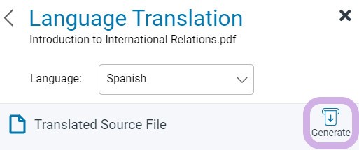 Spanish is the selected language and the Generate icon is highlighted next to Translated Source File.