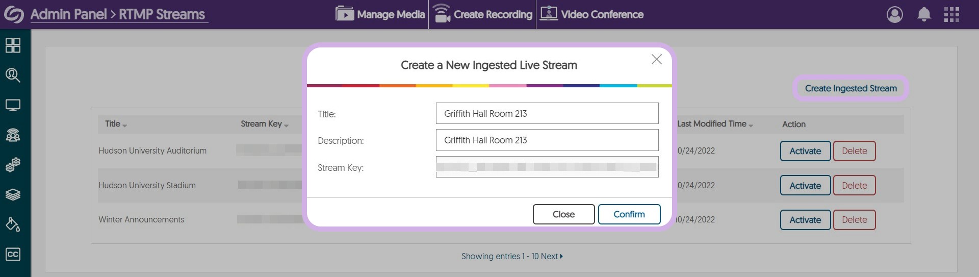 Create a New Ingested Live Stream window. 