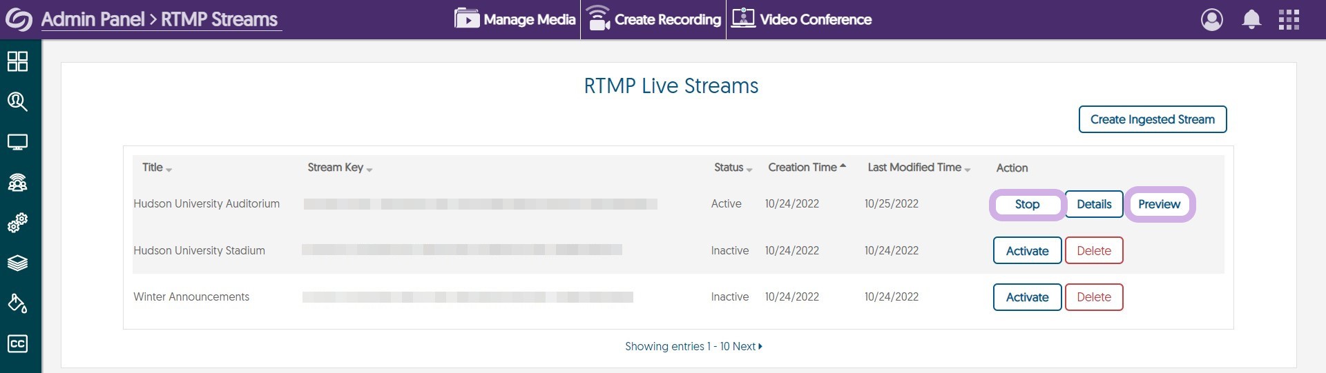 RTMP Live Stream page highlighting Stop and Preview buttons 