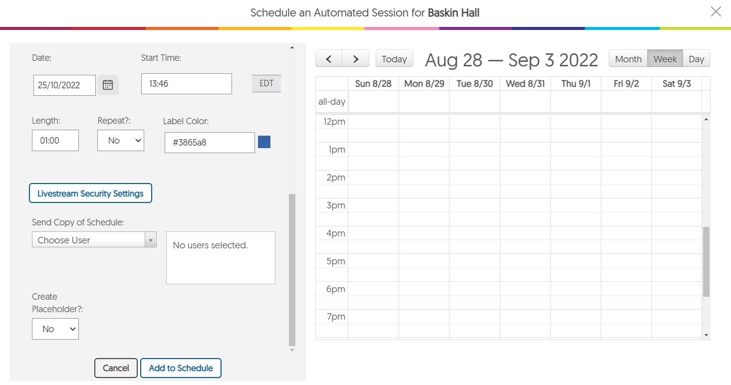 Schedule for an automated session.