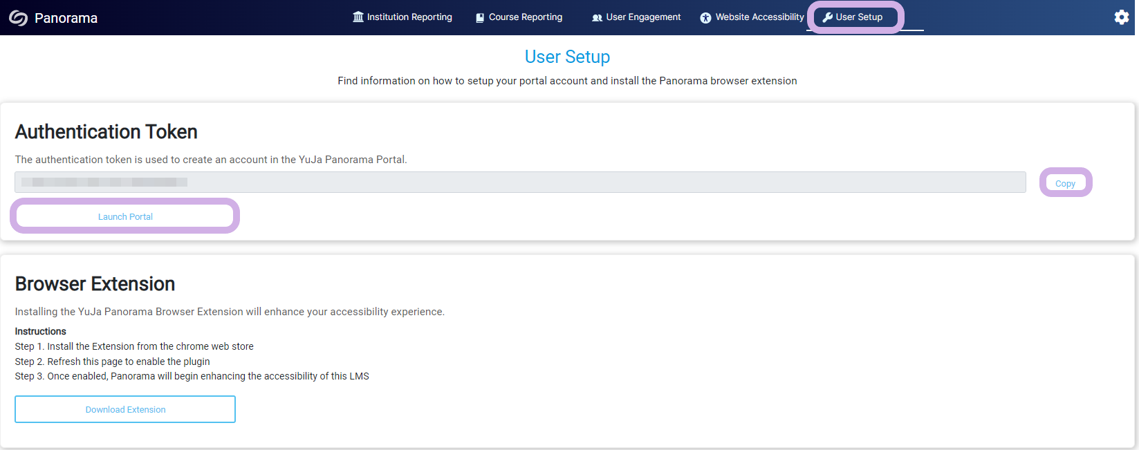 The Panorama Admin Panel showing the the setup page.