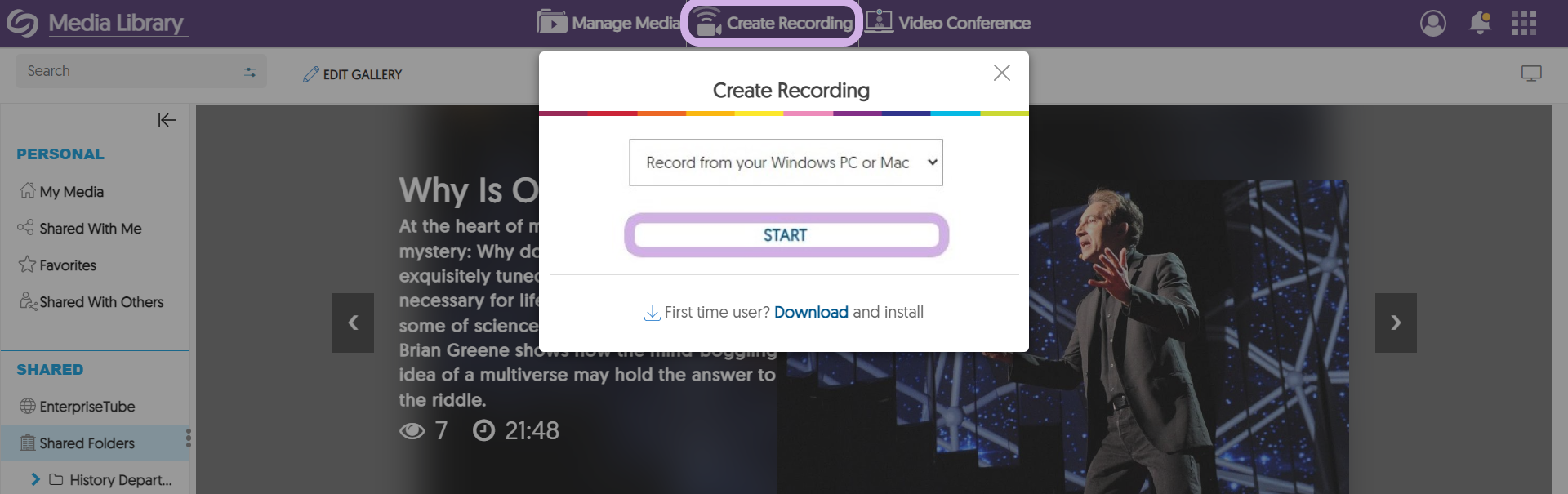 The Video Platform with create Recording located at the top selected. The Create Recording menu is shown.