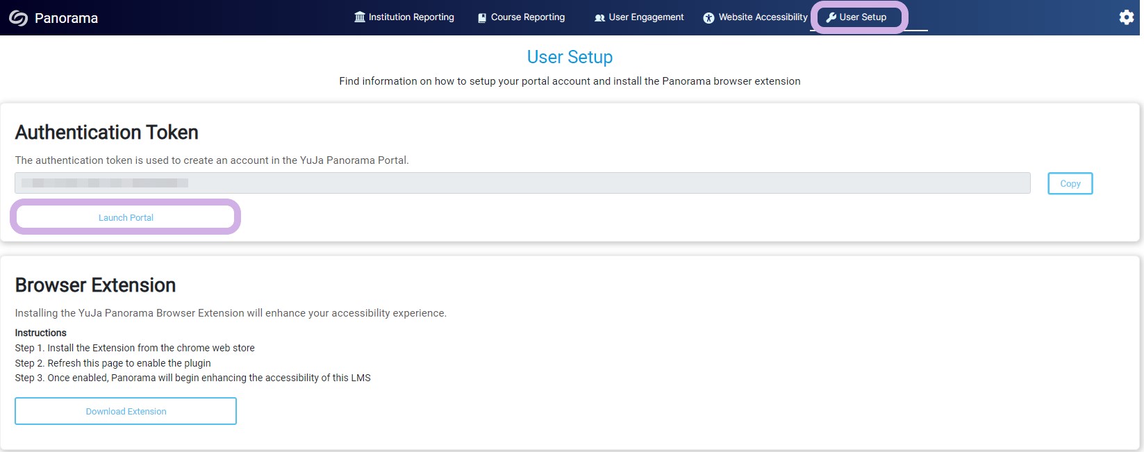 The Panorama Admin panel featuring the User Setup tab with Launch Portal highlighted.