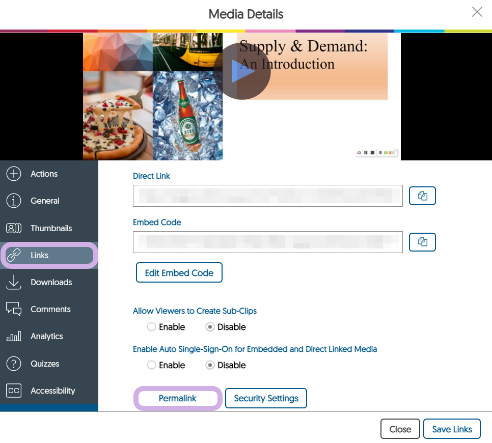Media Details panel with Links tab and Permalink button selected.