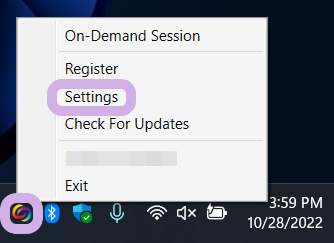 The YuJa Software Capture taskbar icon is right-clicked and Settings is selected from the pop-up menu.