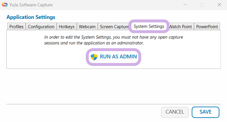 System Setting and Run as Admin are highlighted in the Application Settings window.