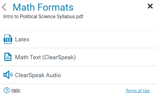 The Math Formats window featuring LaTeX, Math Text (ClearSpeak), and ClearSpeak Audio.