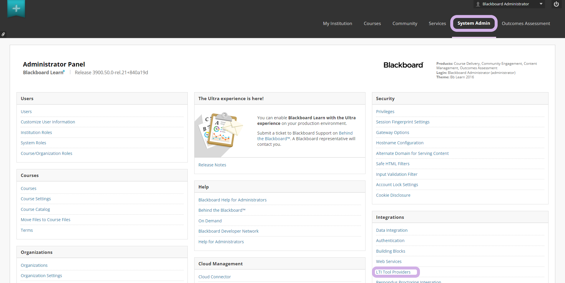 System Admin page for Blackboard Learn. System Admin is highlighted along with LTI Tool Provider.