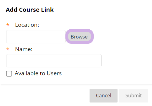 Add Course Link window. Browse is highlighted.